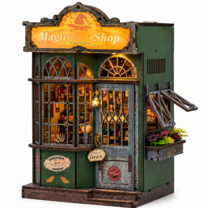 Book Nook kit Magic Shop DIY Kit detailed miniature magic shop book nook kit with green storefront for shelf décor