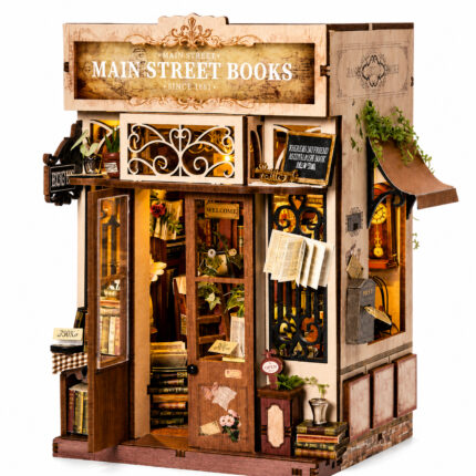 Book Nook kit Main Street Books DIY Kit vintage bookstore book nook kit with white title and warm lighting