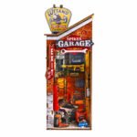 Book Nook Kit Mechanic Garage with LED Lights, brick workshop with tools, lift, chains and vehicles on white