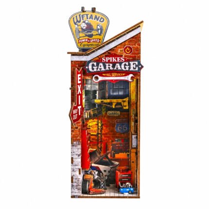 Book Nook Kit Mechanic Garage with LED Lights, brick workshop with tools, lift, chains and vehicles on white