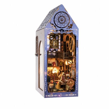 Book Nook Kit Magic DIY Kit – Mystical Research Society with celestial facade, books, gears, and warm LED interior