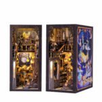 DIY Nebula Common Room Book Nook Kit with dust cover, warm fantasy study, books, stairs, and celestial artwork