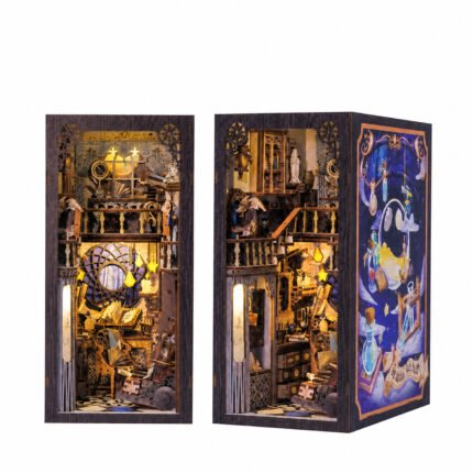 DIY Nebula Common Room Book Nook Kit with dust cover, warm fantasy study, books, stairs, and celestial artwork