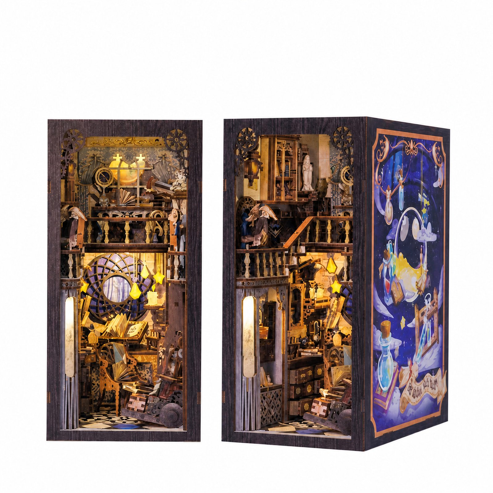 DIY Nebula Common Room Book Nook Kit with Dust Cover DIY Nebula Common Room Book Nook Kit with dust cover, warm fantasy study, books, stairs, and celestial artwork