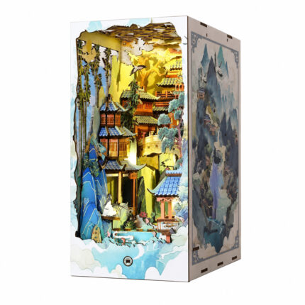 Book Nook Kit Penglai Wonderland with illuminated mountain temples, blue roofs, bridges and cloud artwork on white