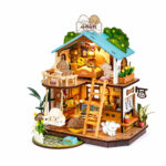 Book Nook kit Puppy's Cozy Villa DIY Kit, two-level puppy-themed book nook kit with blue roof and warm rooms