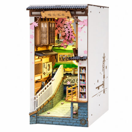 Sakura Wine Alley japanese Book Nook Kit with cherry blossoms, green tram and illuminated Japanese street on white