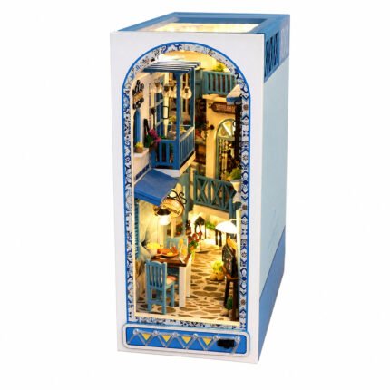 Book Nook Kit Sea Breeze DIY Kit with illuminated blue-and-white Mediterranean alley, balconies, and café scene