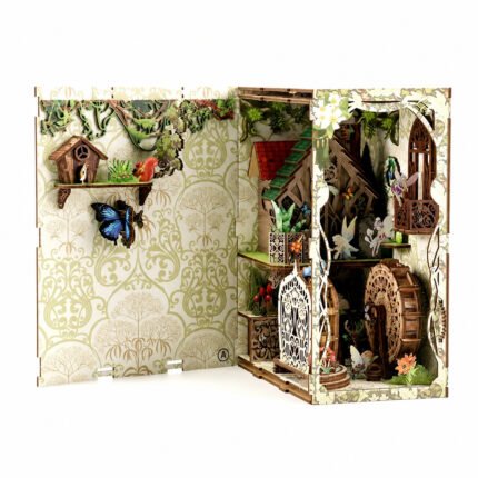 Fantasy Book Nook Secret Forest DIY Kit with woodland houses, butterflies, carved gates, plants, and wooden water wheel