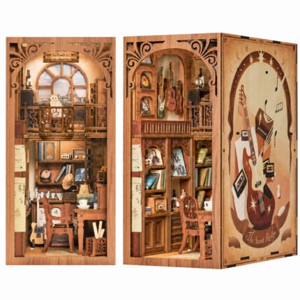 DIY Secret Rhythm Book Nook Kit miniature music room with guitars, records, books, gramophone, and carved wood