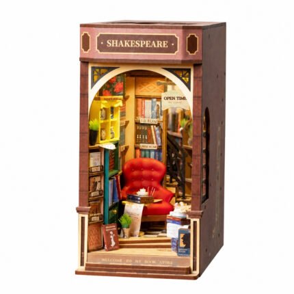 Book Nook Kit Shakespeare DIY Kit with illuminated library, red reading chair, bookshelves, plants, and miniature books