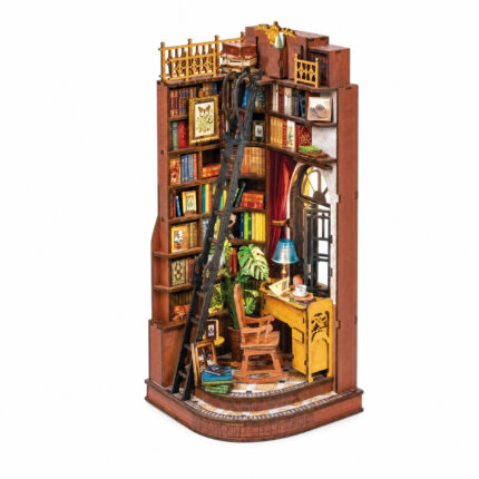 Book Nook kit Silent Corner Study DIY Kit, tall library book nook kit with rolling ladder, desk and plants