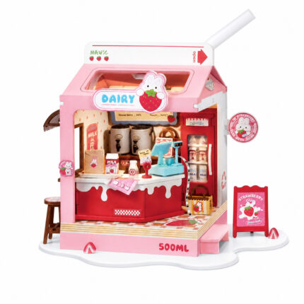 Book Nook kit Strawberry Milk Box DIY Kit, pink carton café book nook kit with strawberry character and drink counter