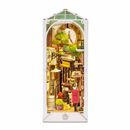 DIY Sunshine Town Book Nook Kit street scene with LED lights, clock, bookshop, trees, flowers, and red mailbox