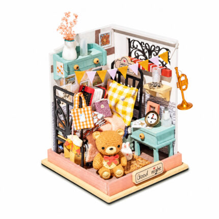 Book Nook kit Sweet Dream Bedroom DIY Kit, cozy bedroom book nook kit with gingham bed, teddy bear and turquoise decor
