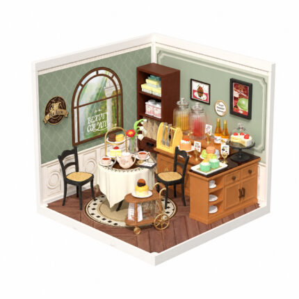 Book Nook kit Sweet Sips Tea DIY Kit, elegant miniature tearoom book nook kit with cakes and tea service