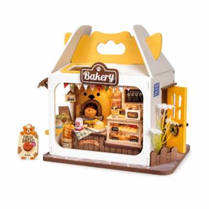 Book Nook kit Teddy's Breadbox DIY Kit, cheerful bakery book nook kit with yellow roof and teddy-inspired baker