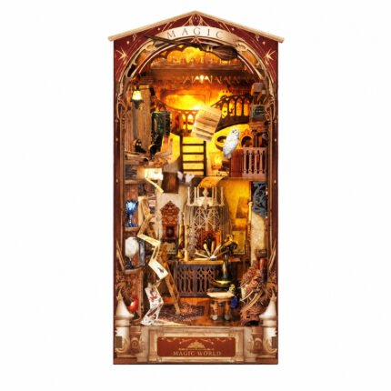 Fantasy Book Nook Kit The Magic World Wooden DIY Kit with warm LED lights, stairs, balconies, books, and magical miniature details