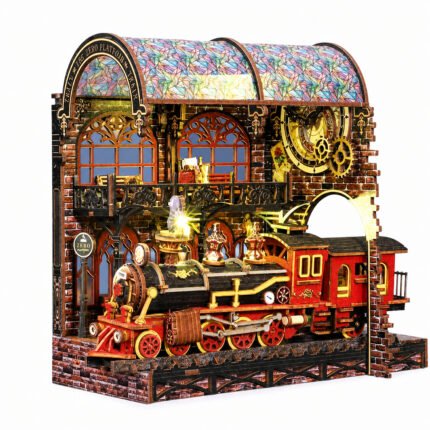 Book Nook Kit The Zero Platform DIY Kit with ornate station, stained-glass roof, gears, and red steam locomotive