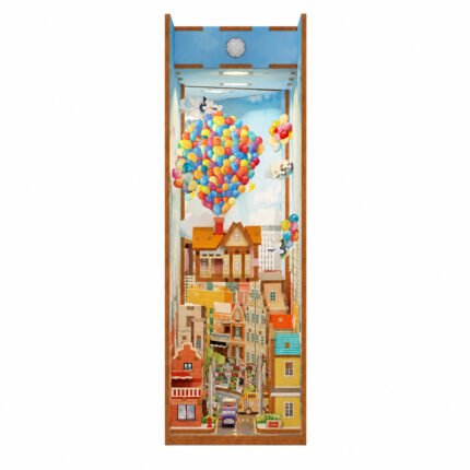 Travel with the Wind DIY Book Nook Kit for Collectors with colorful balloons, floating house, and miniature town