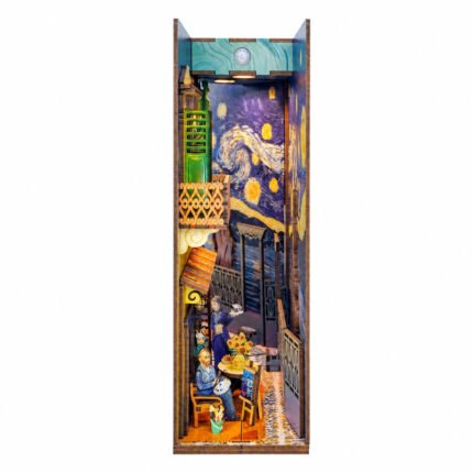 Vincent's World DIY Book Nook Kit for Bookshelves with swirling night sky, café scene, figures, and warm lights