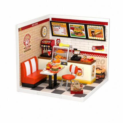 Book Nook kit Yum Yum Burgers DIY Kit, miniature burger restaurant book nook kit with booth and food counter
