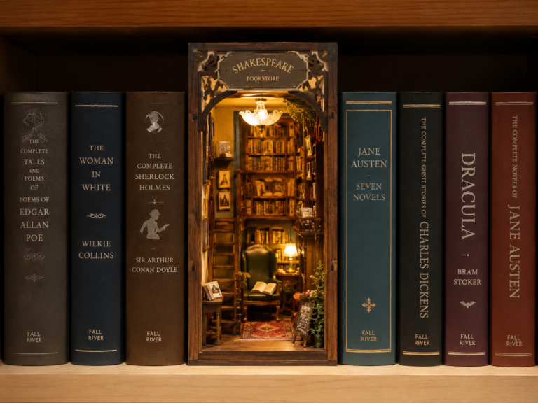 Miniature bookstore scene placed between books
