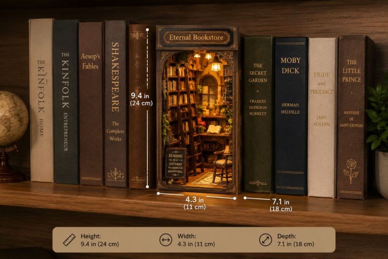Miniature book nook kit displayed between books on a wooden shelf