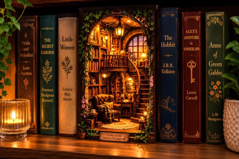 Cozy miniature shelf display placed between books