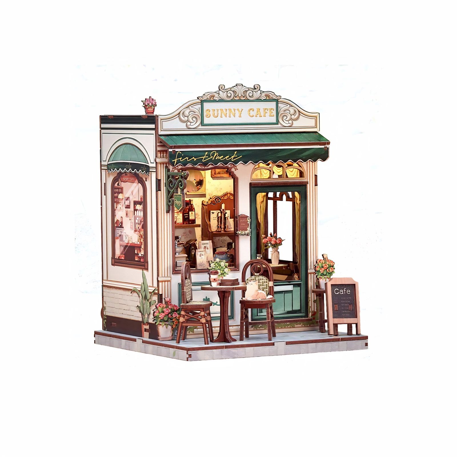 Miniature café book nook kit with cozy bookstore shelf decor