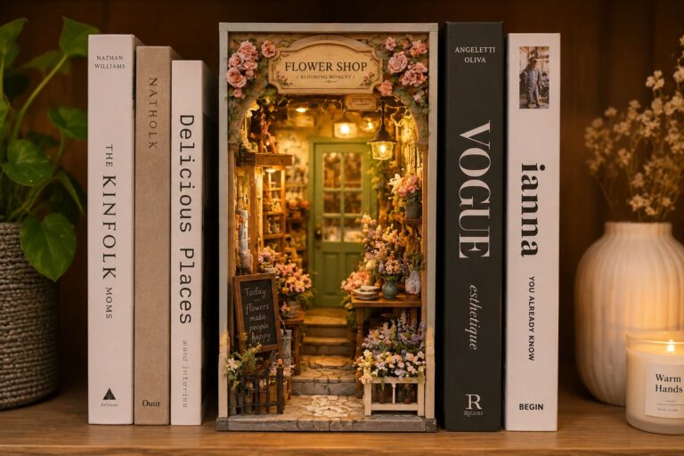 lower shop miniature shelf scene with soft decorative details