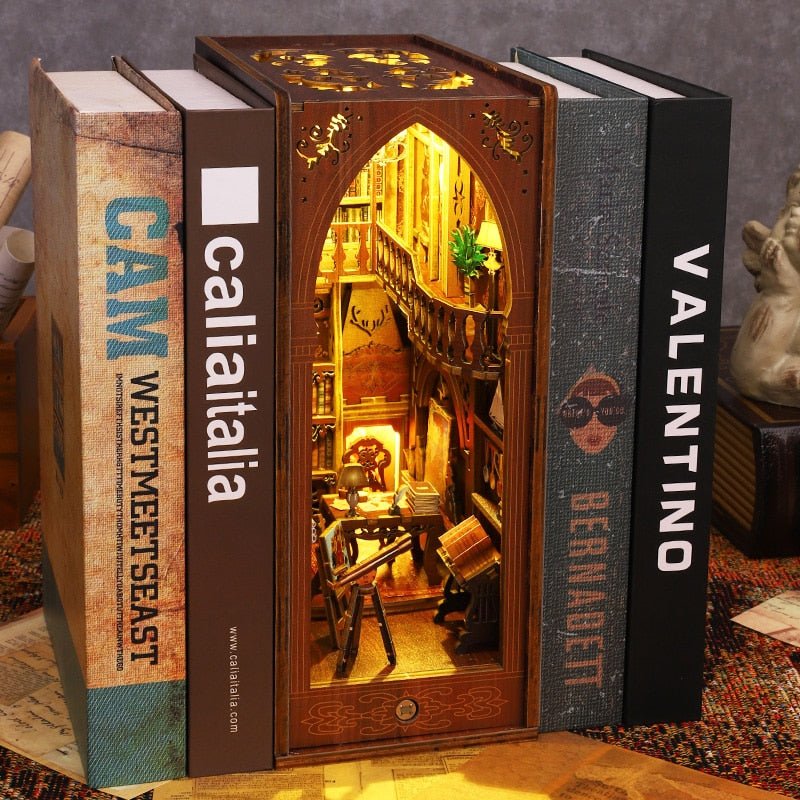 Cozy library book nook kit with warm bookshelf decor