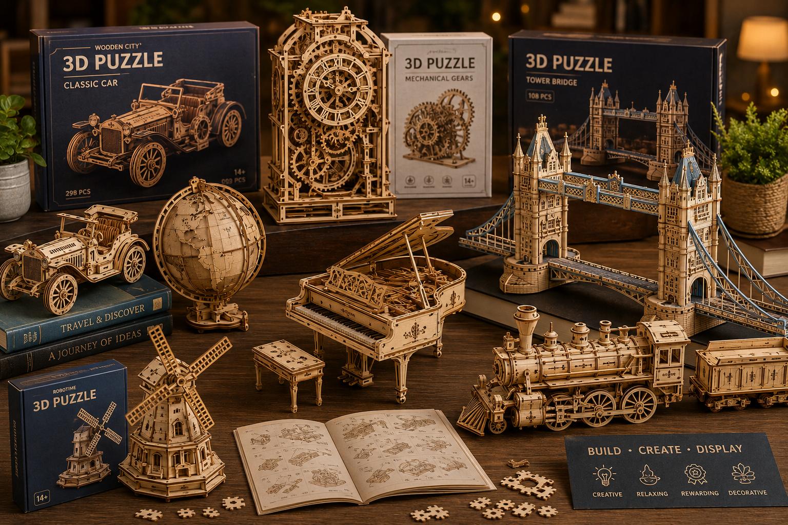3D puzzles displayed with wooden puzzle kits and creative building details