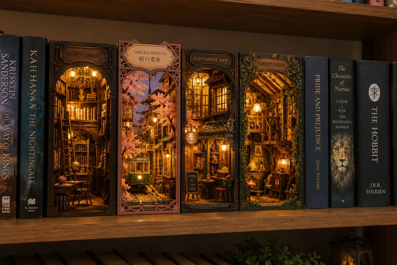 Book nook kits displayed on a cozy bookshelf with warm lights