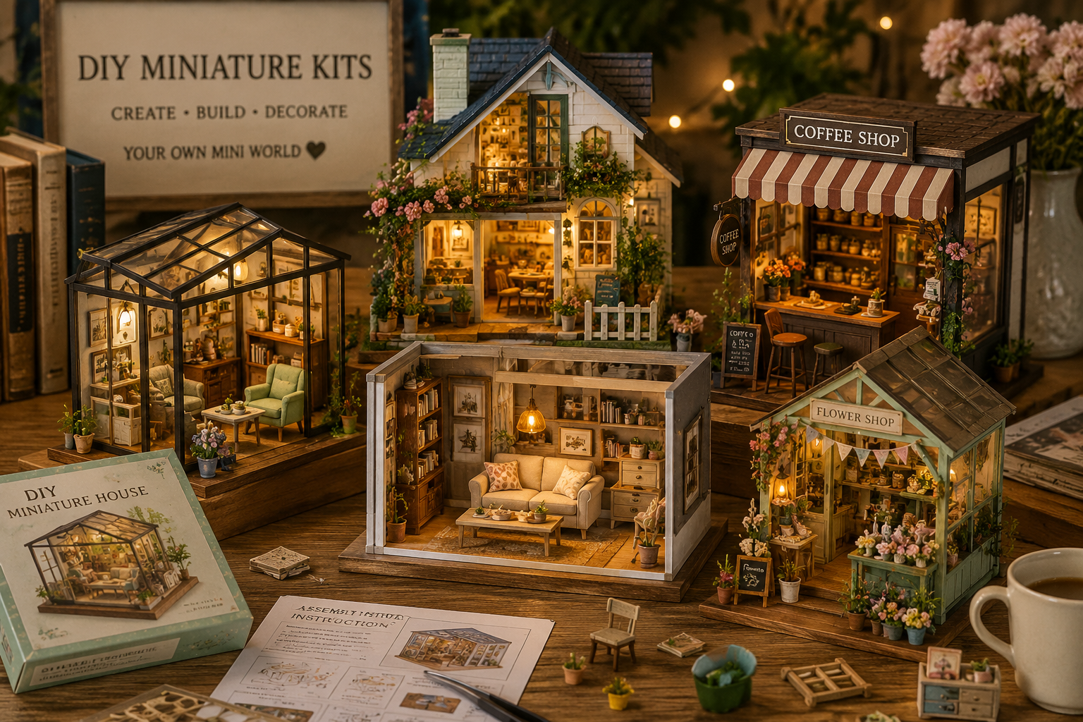 DIY miniature kits displayed with cozy room scenes and craft details