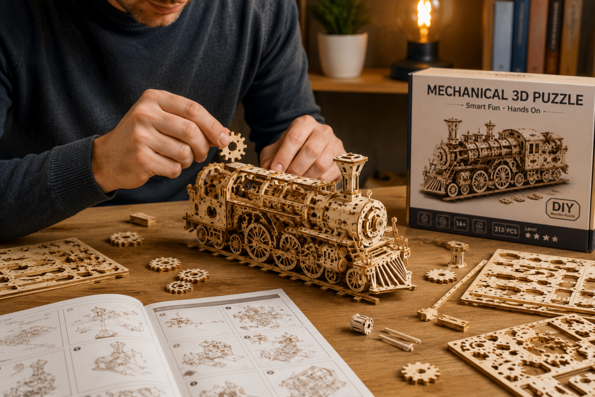 Adult assembling a mechanical 3D puzzle kit with wooden pieces