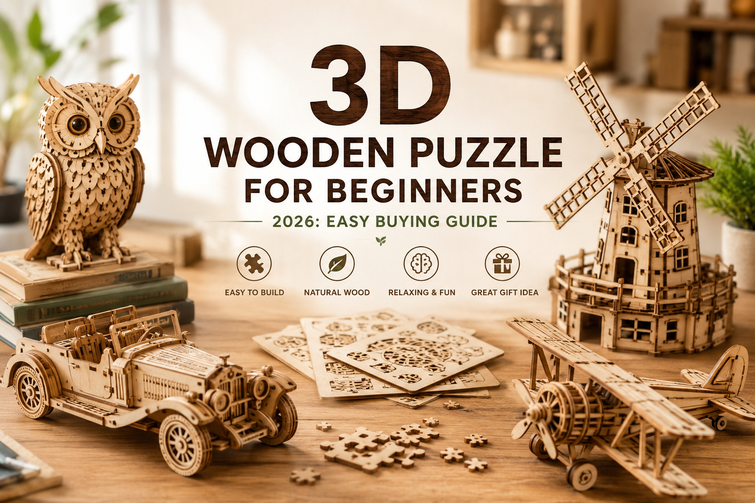 Beginner friendly wooden puzzle model displayed after assembly