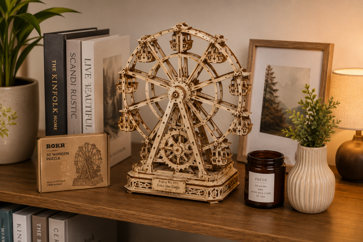 Wooden 3D puzzle gift displayed as creative home decor