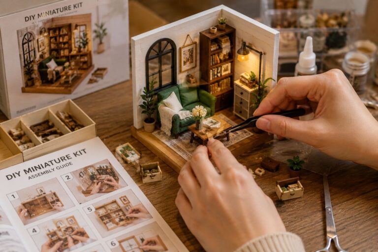 Hands assembling a beginner DIY miniature kit with cozy room furniture