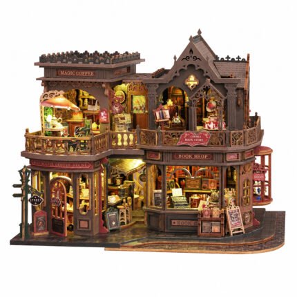 Letter Coffee DIY miniature house kit featuring a detailed wooden café and bookshop model