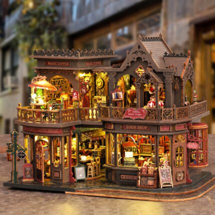 Letter Coffee miniature coffee shop kit shown from the side with café and bookshop interiors